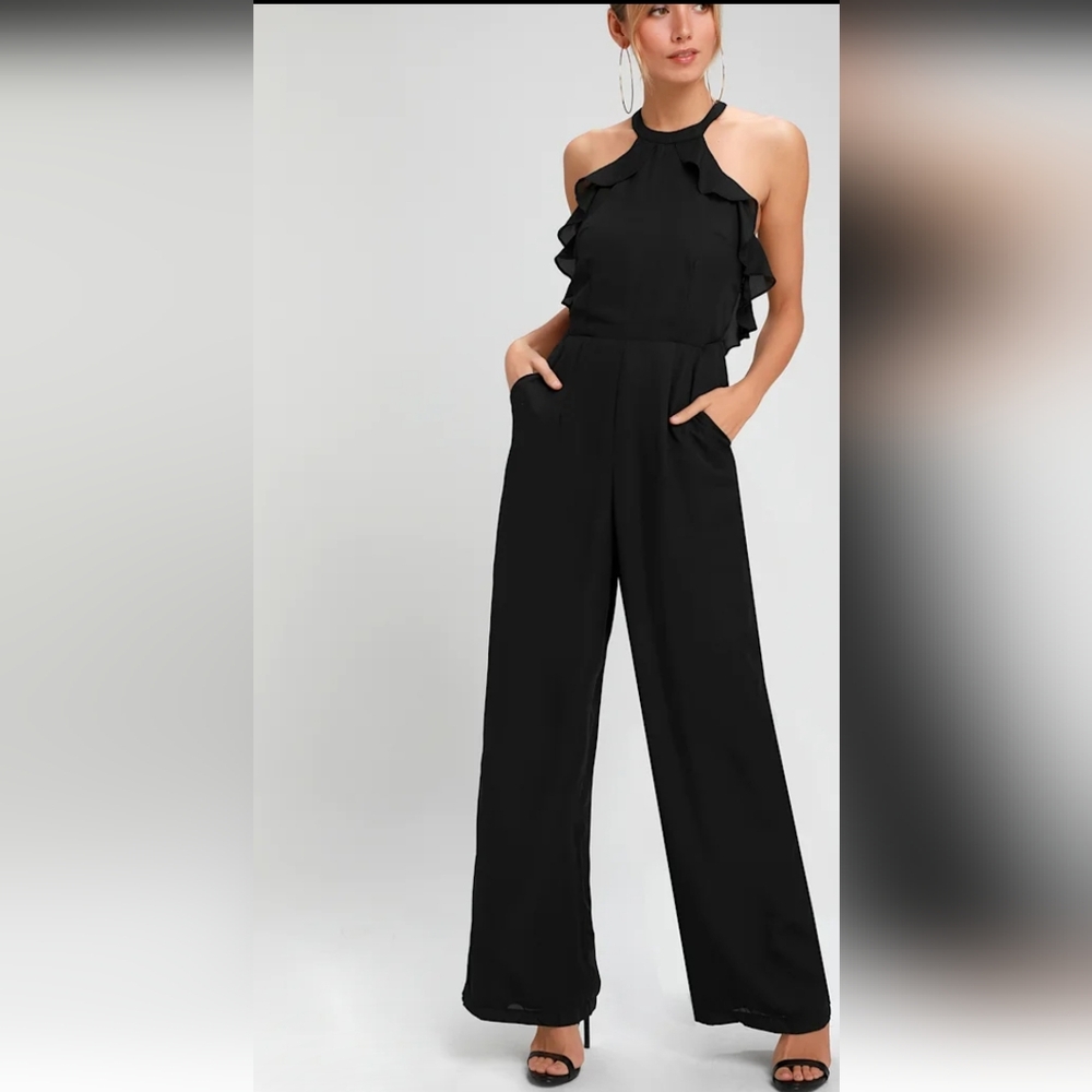 Lulus Moonlit Midnight Black Ruffled Jumpsuit Sz XL